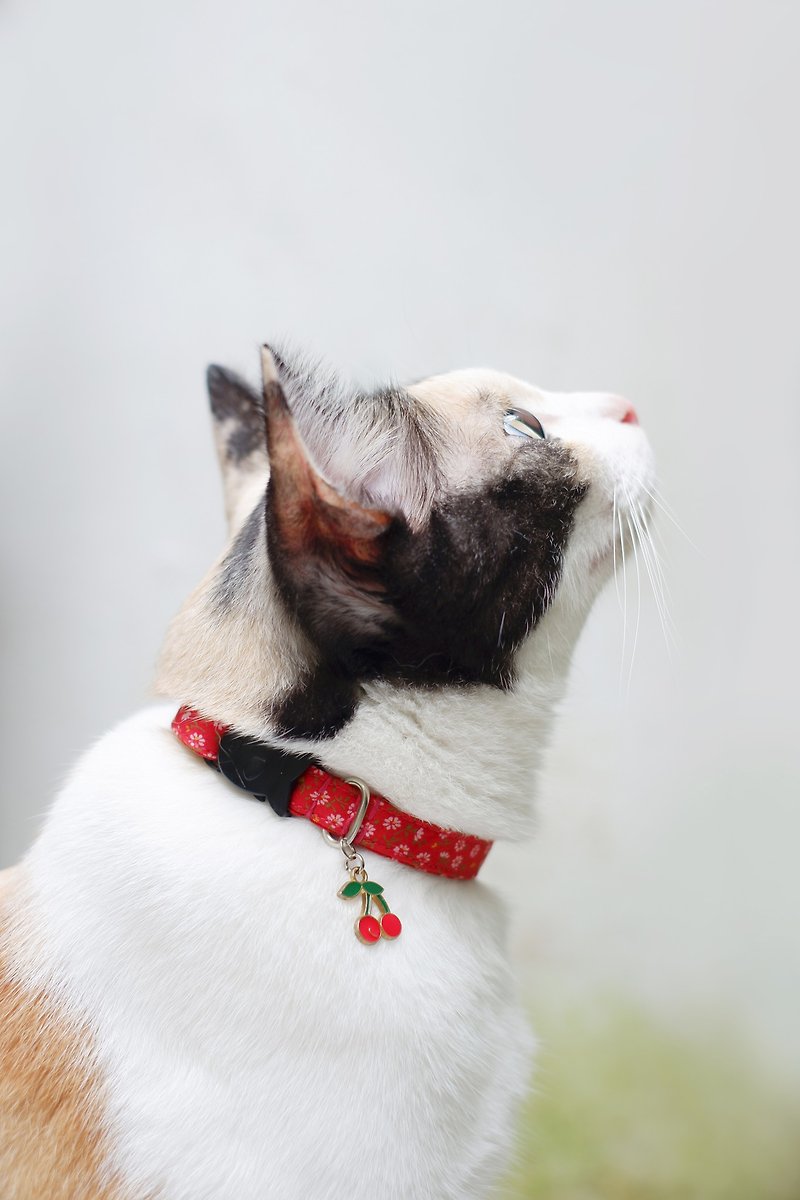 Secret Garden breakaway cat collar : Red with Cherry charm (Add-on) - 项圈/牵绳 - 棉．麻 红色