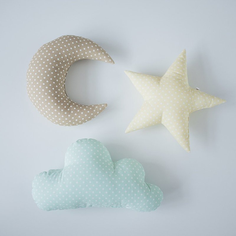 Set of 3! Pastel set cloud star moon shaped pillow - mint yellow cream nursery room decor - 满月礼盒 - 棉．麻 多色