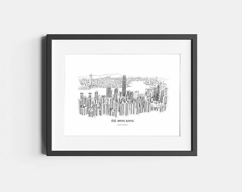A3 手绘香港城市风景画框 (维多利亚山顶) - 画框/相框 - 纸 