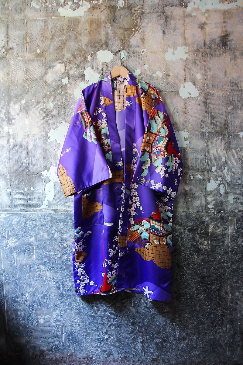 袅袅百货公司-Vintage 缎面紫色樱花神社图案罩衫 复古着 - 女装休闲/机能外套 - 聚酯纤维 