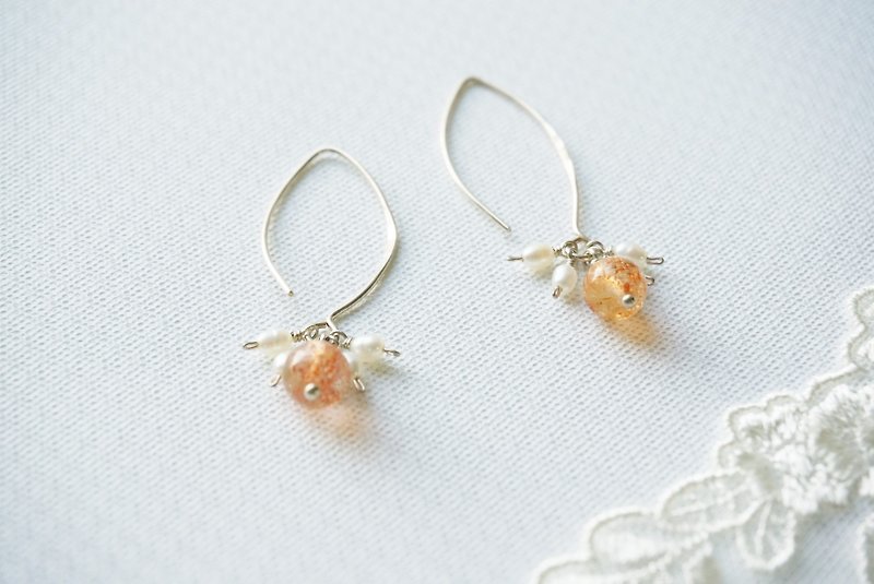 夏日 小珍珠 太阳石 纯银造型耳针 - 耳环/耳夹 - 宝石 橘色