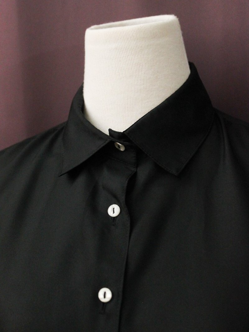 复古欧洲简约厚黑色素色宽松长袖古着衬衫 Vintage Blouse - 女装衬衫 - 聚酯纤维 黑色