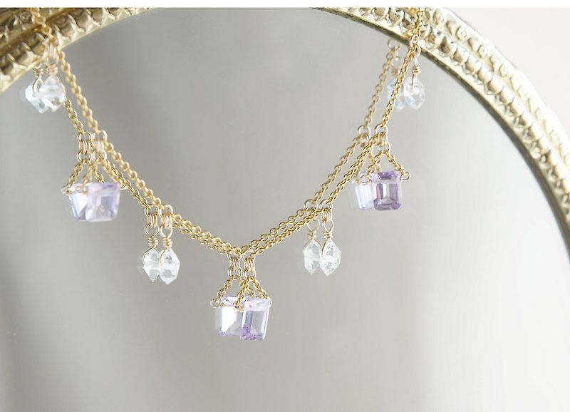 【14KGF Choker Necklace】-Gemstone,Dream Crystal,NY Herkimerdiamond x Rose Amethys - 项链 - 宝石 紫色