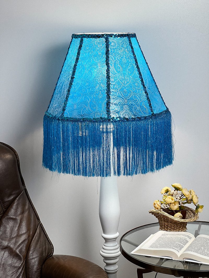 Victorian lampshade blue brocade with fringe - 灯具/灯饰 - 其他材质 蓝色