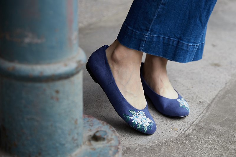 平底鞋 - 富贵菊 (灰蓝色) - 芭蕾鞋/娃娃鞋 - 棉．麻 蓝色