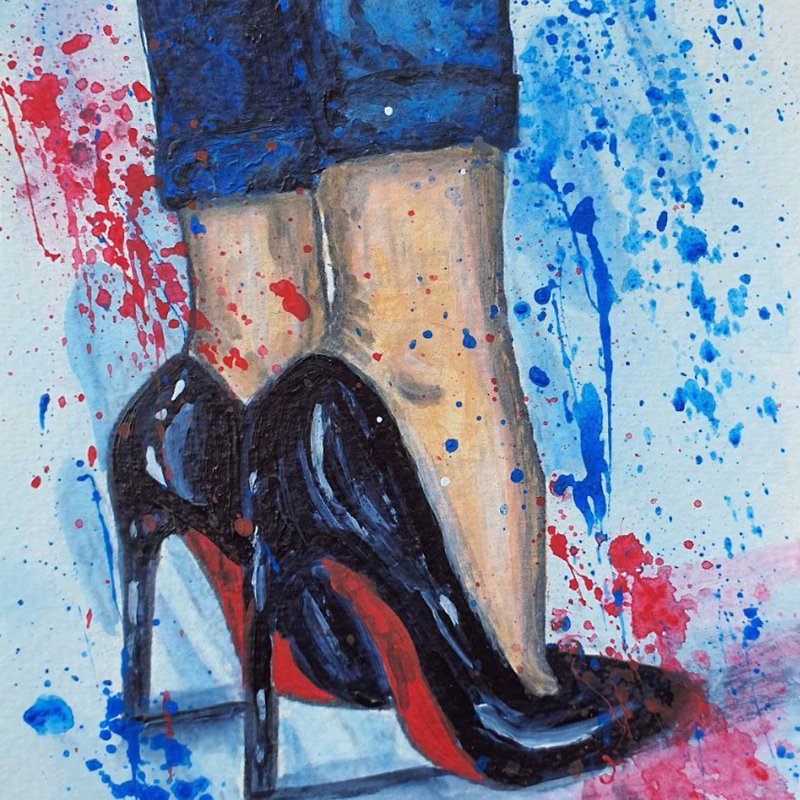 鞋子画腿女孩牛仔裤原创艺术专利黑色威曼鞋高跟鞋 - 海报/装饰画/版画 - 其他材质 蓝色