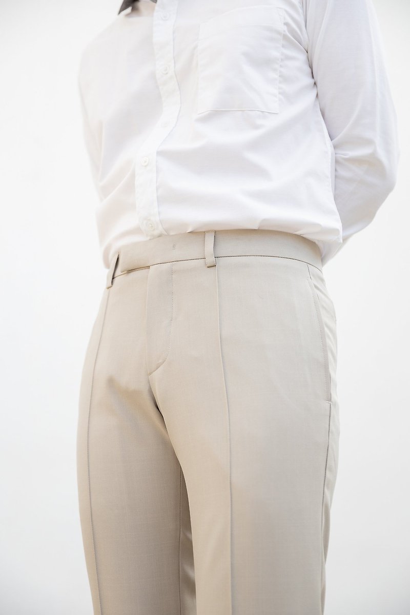 米色羊毛配前线长裤 - 男士长裤 - 棉．麻 卡其色
