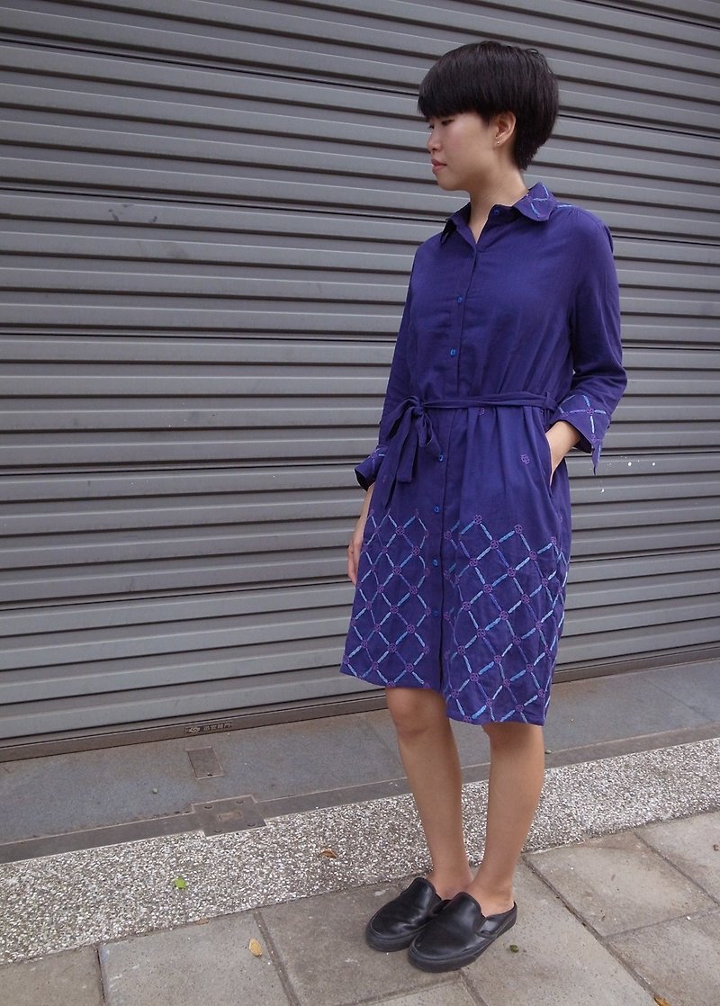 出清品 公平贸易 刺绣 手织 纯棉 洋装  长版衬衫 几何 蓝紫 - 洋装/连衣裙 - 棉．麻 蓝色