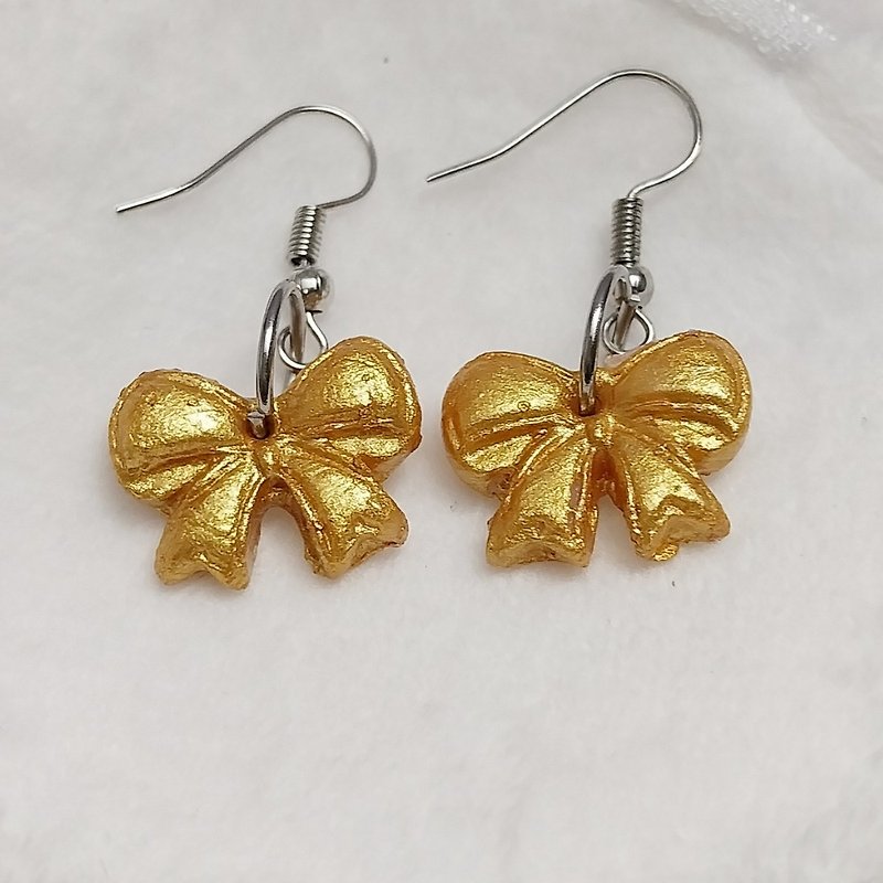 蝴蝶结耳环，金，手工制作 - 耳环/耳夹 - 粘土 金色