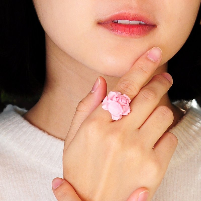 粉色水泥玫瑰花指环/戒指 | Chloris 系列 - 戒指 - 水泥 粉红色
