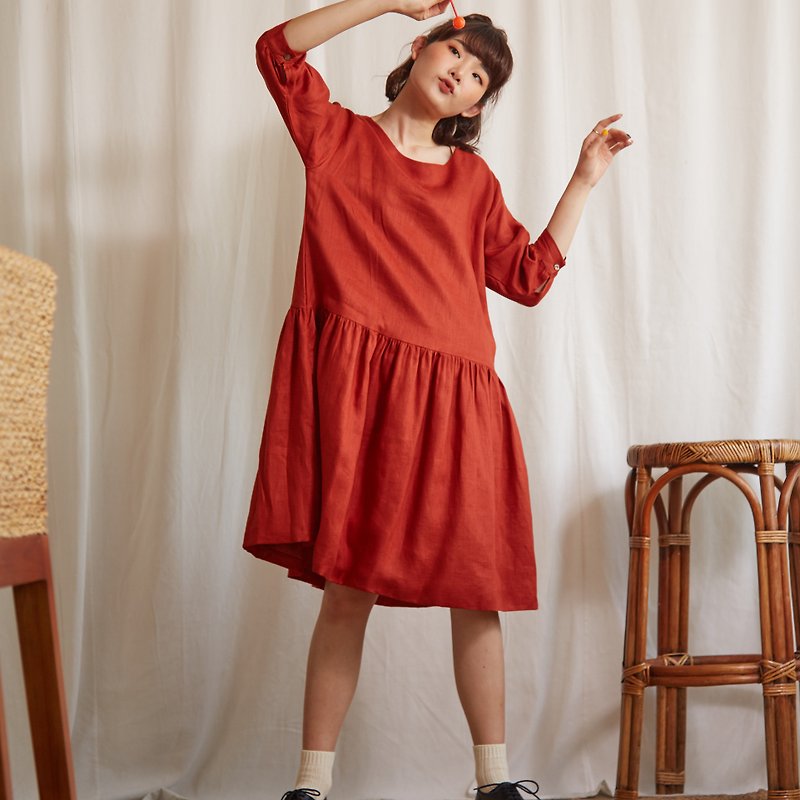 Linen Midi Dress in Burgundy Red Colour - 洋装/连衣裙 - 亚麻 红色