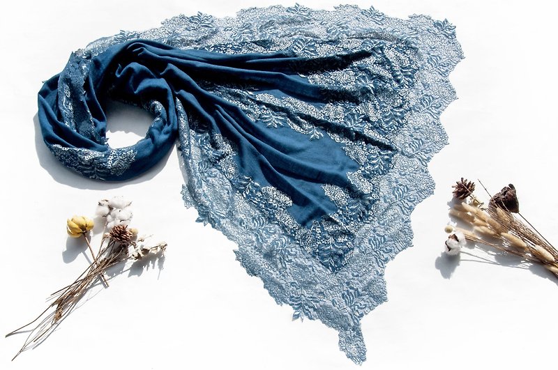 喀什米尔Cashmere 手织围巾 编织围巾 针织围巾 纯羊毛围巾-蕾丝 - 围巾/披肩 - 羊毛 蓝色