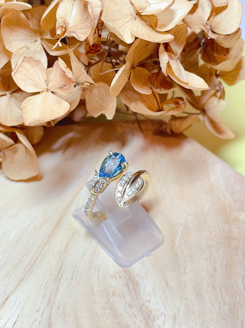 S925纯银天然海蓝宝加莫桑钻戒指 - 戒指 - 宝石 蓝色