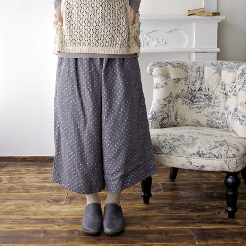 ねこドットリネンソフト加工ワイドパンツ ロングキュロット - 女装长裤 - 棉．麻 灰色