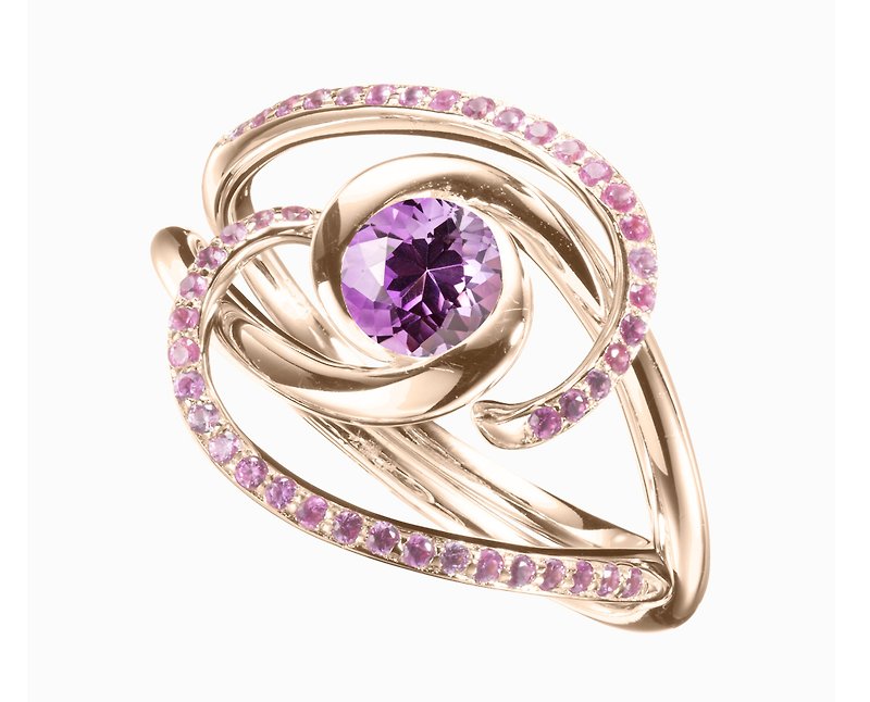 紫水晶粉红刚玉二合一戒指套装 极简14k金戒指 结婚求婚戒指组合 - 戒指 - 贵金属 紫色