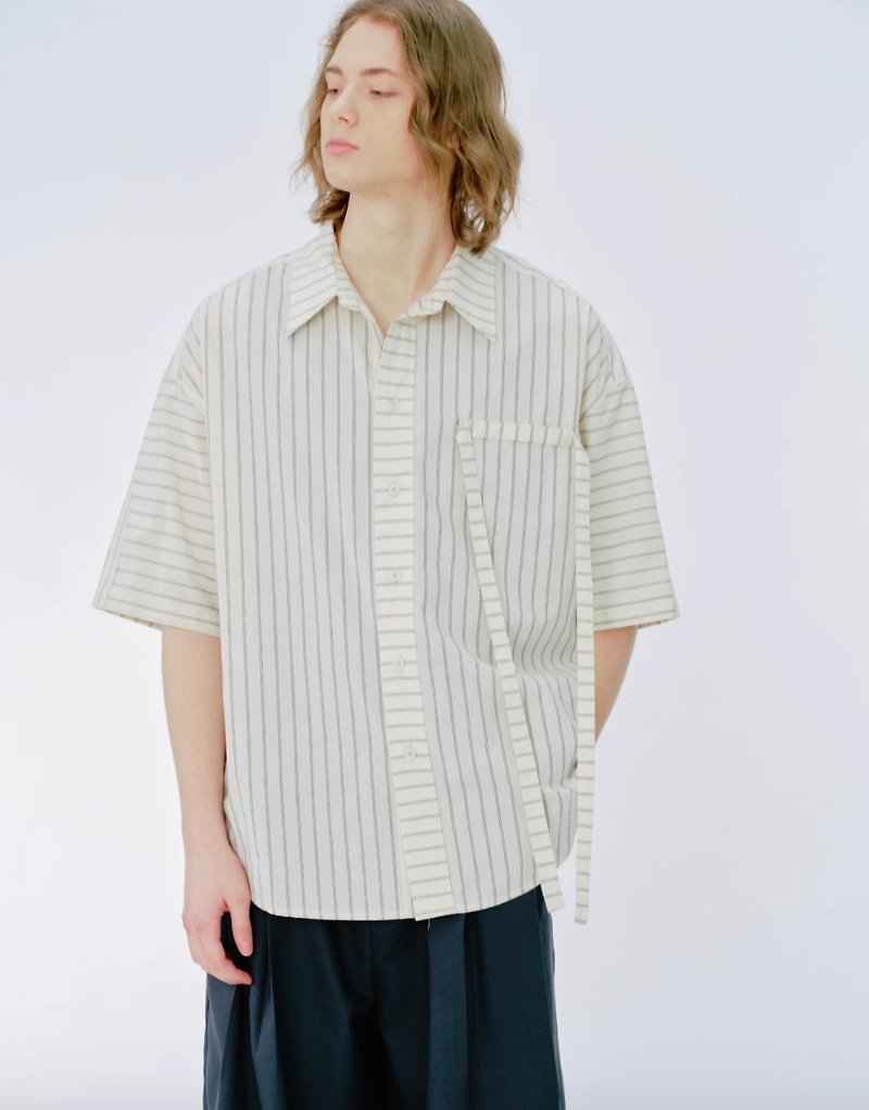日系复古 条纹短袖衬衫 - 男装衬衫 - 其他材质 白色