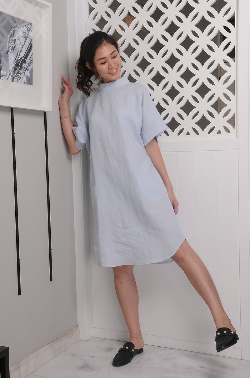 Linen Dress / Raised Neckline Linen Dress / Short Sleeved/ EP-D658 - 洋装/连衣裙 - 亚麻 