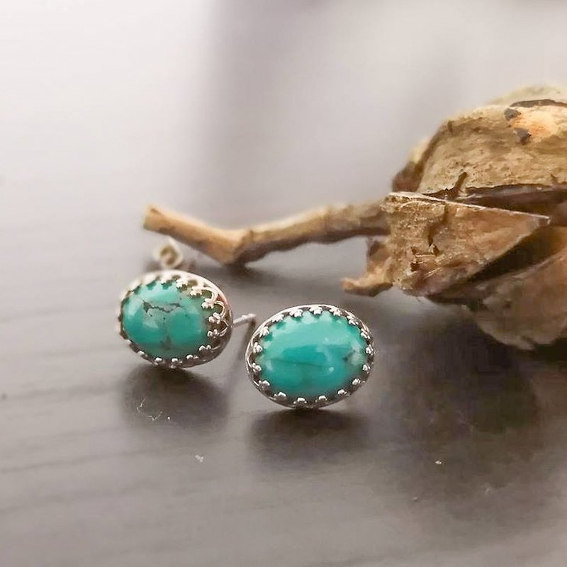 土耳其石 绿松石 蕾丝包镶纯银耳钉 特价 - 耳环/耳夹 - 宝石 蓝色
