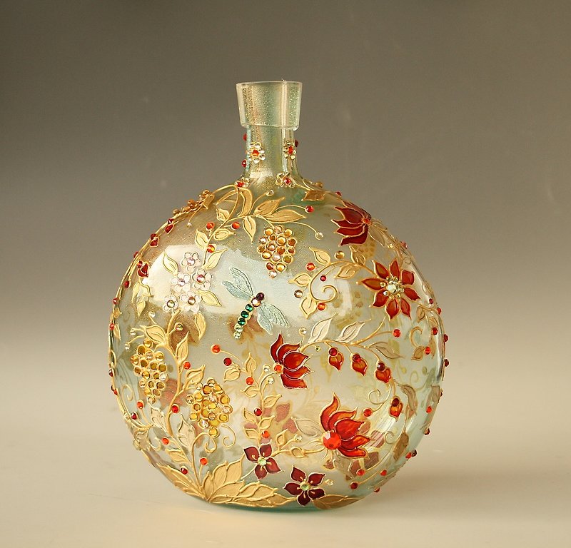 Bottle Vase Wild Flower Dragonfly Hand Painting - 摆饰 - 玻璃 多色