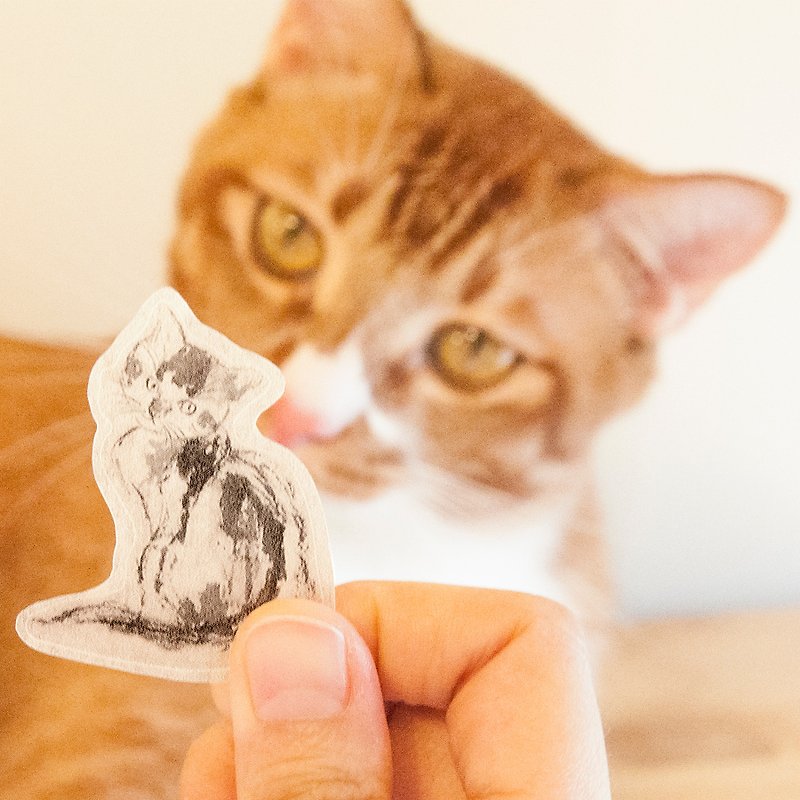水墨猫咪和纸贴纸 - 回眸的猫 - 贴纸 - 纸 灰色