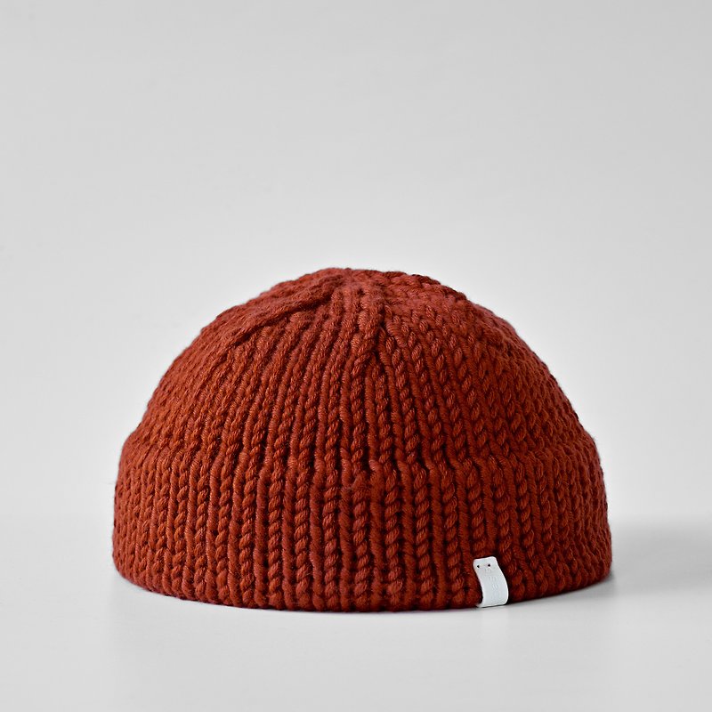 K008 手工编织超短圆顶毛帽水兵帽 - 砖红 - 帽子 - 棉．麻 红色