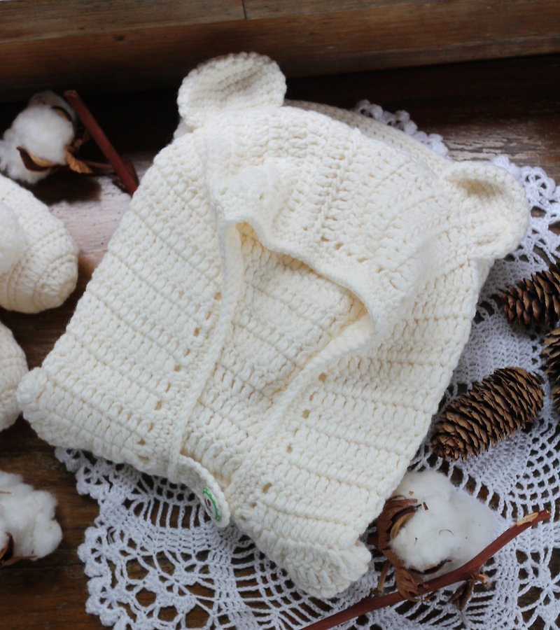 手作-奶白色-BABY小熊斗篷-手编织温暖-柔软有机美丽诺羊毛-弥月礼物 - 满月礼盒 - 羊毛 白色