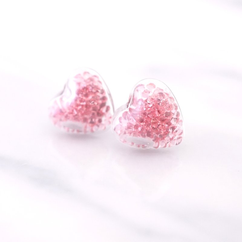 迷你心形玻璃球配粉红水晶耳环 - 耳环/耳夹 - 玻璃 粉红色