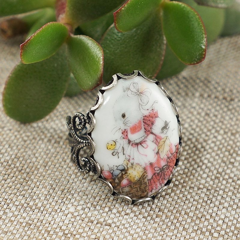 可爱的兔子兔子粉红色白色瓷浮雕可调节戒指珠宝礼物 - 戒指 - 瓷 粉红色
