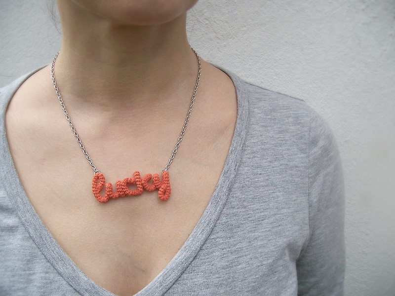 Lucky Necklace Orange Inspirational Word Pendant Crochet Wrap Jewelry - 项链 - 绣线 橘色