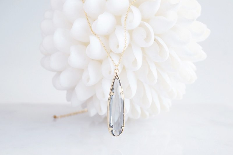 【14KGF】Necklace,Long Teardrop Glass-Gray- - 项链 - 玻璃 银色