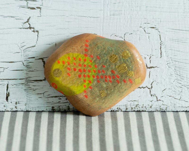 Small Abstract Hand Painted Wood Pocket Mirror (neon yellow dots) - 彩妆刷具/镜子/梳子 - 木头 橘色