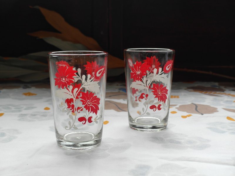 早期水杯-红凤尾 (餐具/旧物/老件/玻璃/图花/台湾) - 杯子 - 玻璃 红色