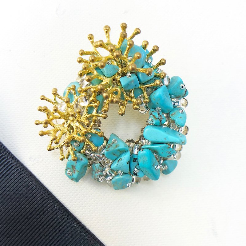 和风精致半宝石胸针 蓝色 珊瑚 日本风格胸针 植物 情人节礼物 - 胸针 - 宝石 蓝色