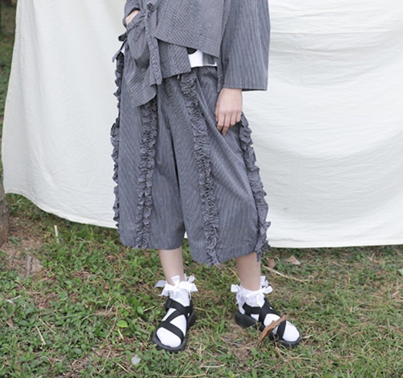 日系灰条文春季直筒裤 - imakokoni - 女装长裤 - 棉．麻 灰色
