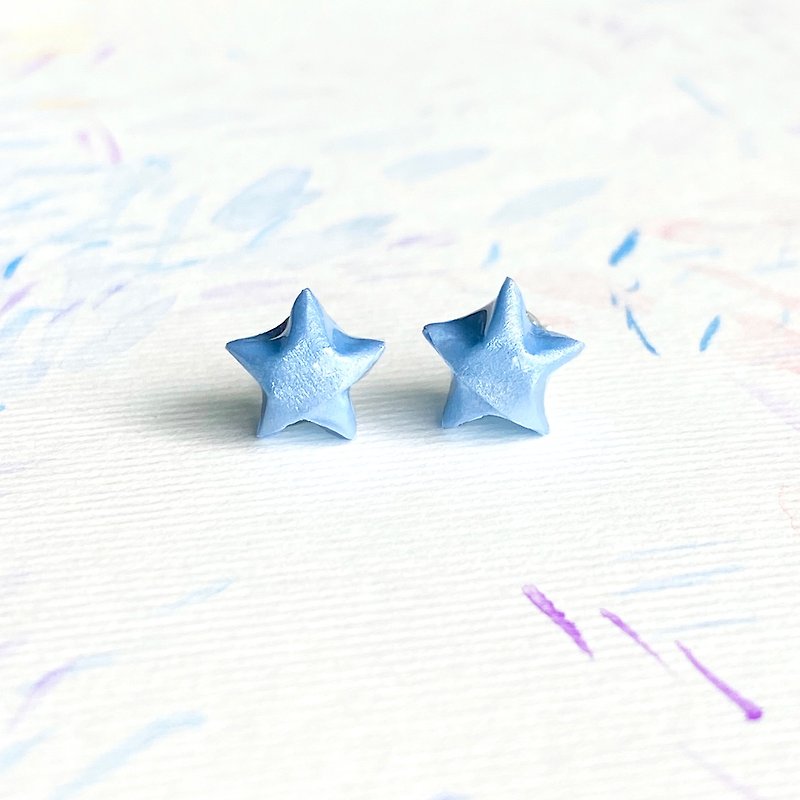 星星耳环 立体幸运星纯银耳环 | 柔和粉蓝色 - 耳环/耳夹 - 纯银 蓝色