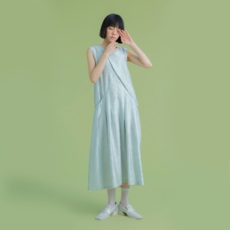 tan tan / 粉绿压褶洋装 - 洋装/连衣裙 - 棉．麻 绿色