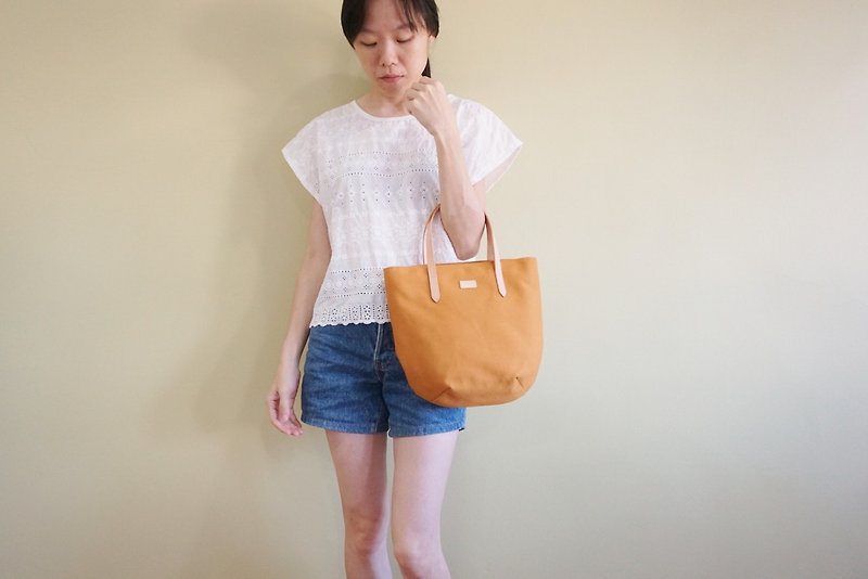 Mustard Yellow Petite Canvas Tote Bag with Leather Strap for her - Casual Bag - 手提包/手提袋 - 棉．麻 黄色