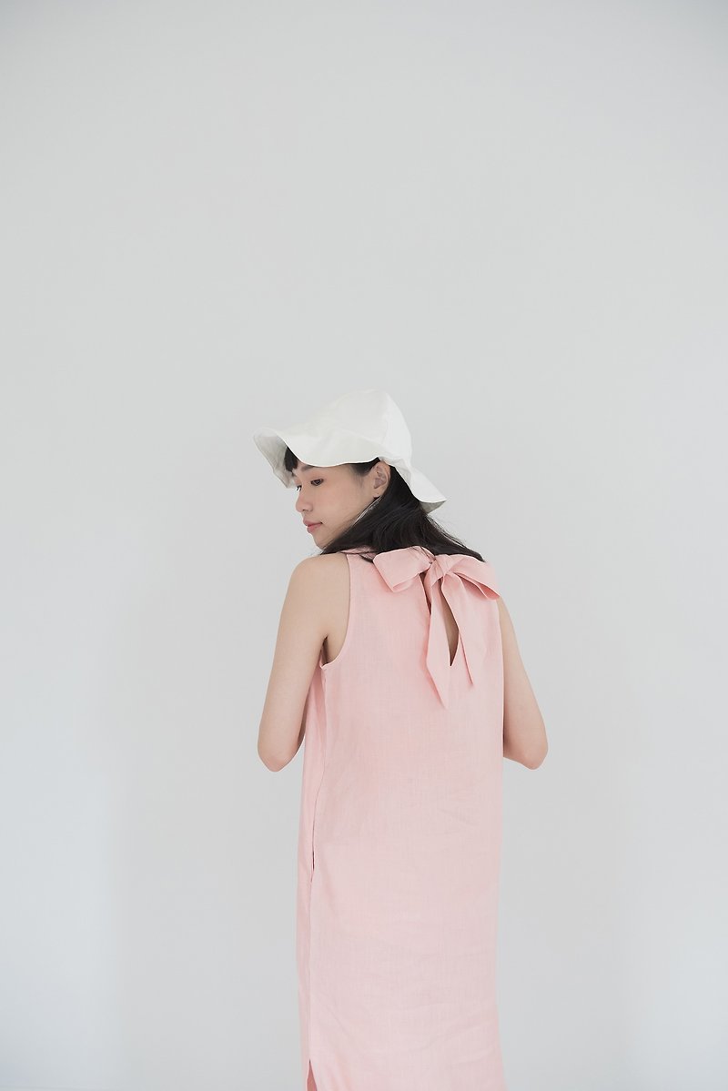 Soft Pink Big Bow Linen Dress - 洋装/连衣裙 - 亚麻 粉红色