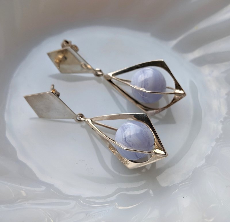 古董纯银蓝纹玛瑙针式耳环 - 耳环/耳夹 - 纯银 