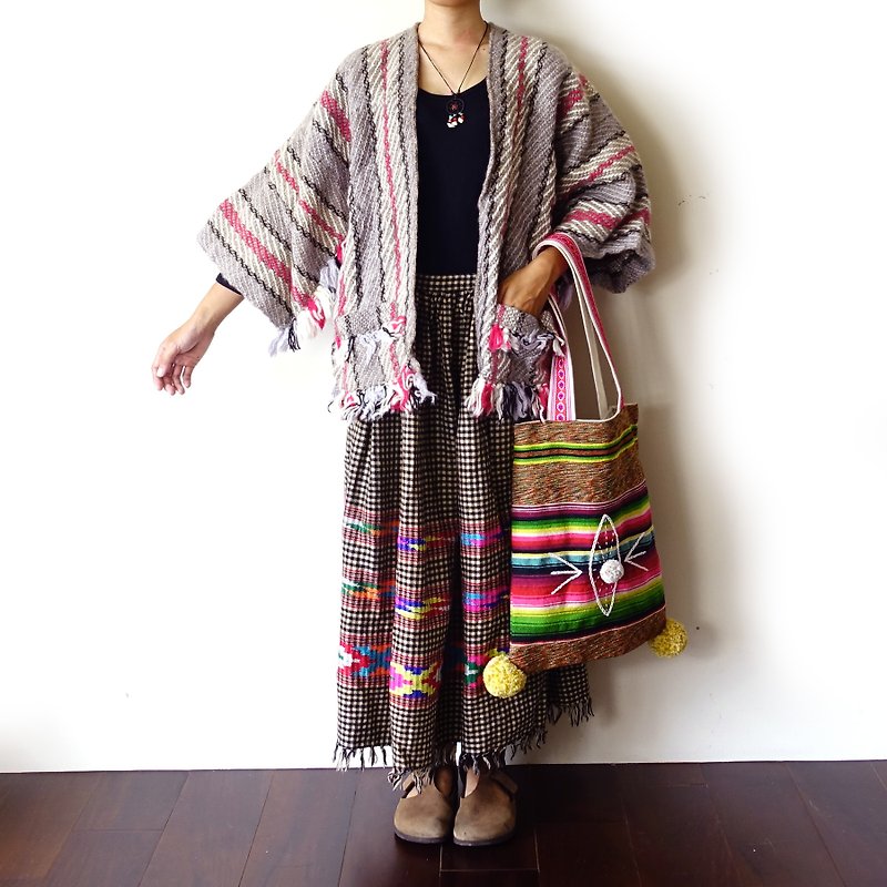 BajuTua/古着/南美羊毛条纹民族风开襟外套 - 女装休闲/机能外套 - 羊毛 卡其色