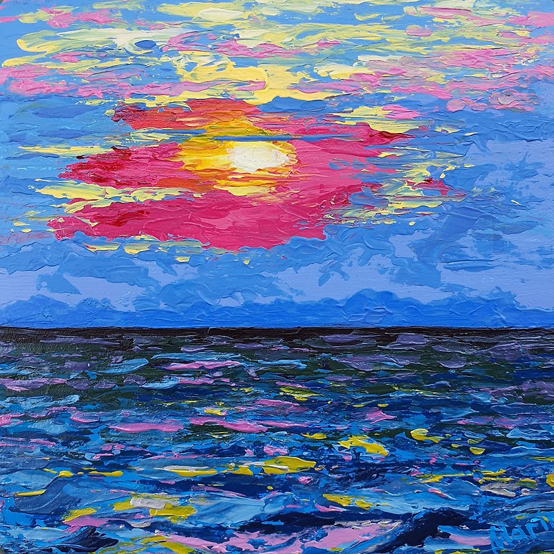 Sunset Painting Nautical Seascape Original Acrylic Wall Art Tropical Beach Sun - 海报/装饰画/版画 - 其他材质 蓝色