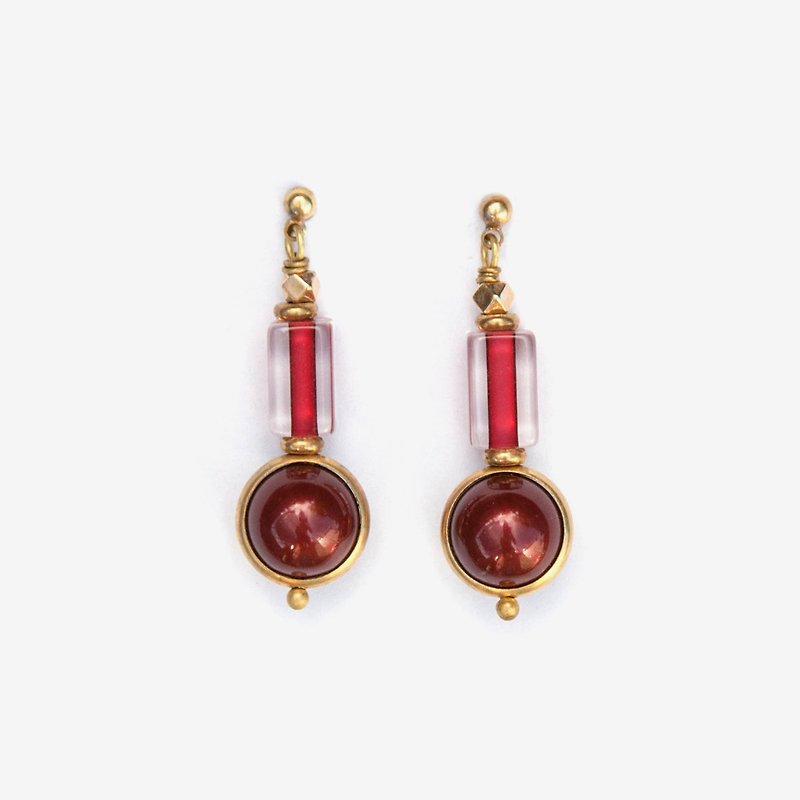 酒红珍珠琉璃耳环 耳针/耳夹 - 耳环/耳夹 - 其他金属 红色