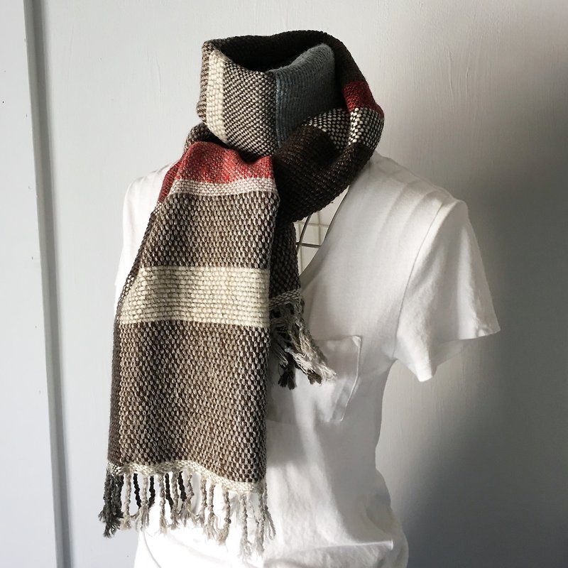【ウール：秋冬】ユニセックス：手織りマフラー "Brown Mix" - 丝巾 - 羊毛 咖啡色
