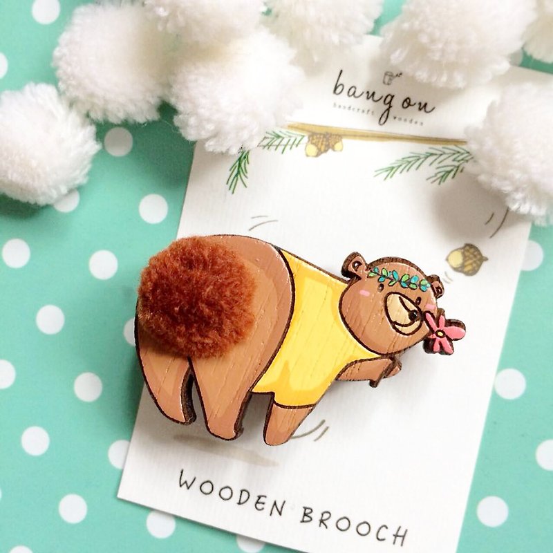 Wooden brooch fluffy tail bear - 胸针 - 木头 咖啡色