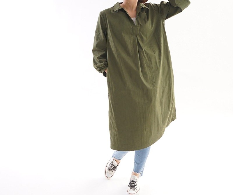 皺コットン　シャツ スキッパーワンピース/オリーブ a18-10 - 洋装/连衣裙 - 棉．麻 绿色