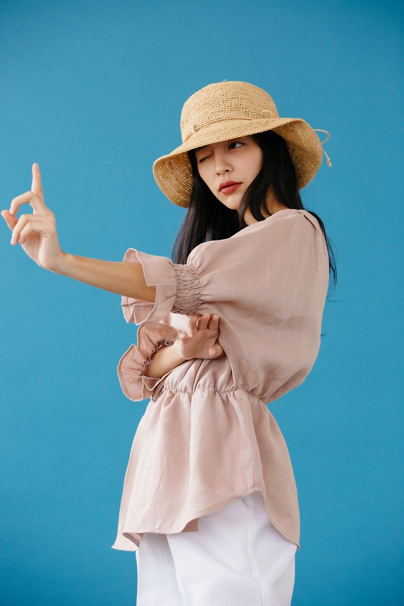 RUFFLE WRAP TOP WITH ELASTIC IN NUDE PINK - 女装上衣 - 棉．麻 粉红色