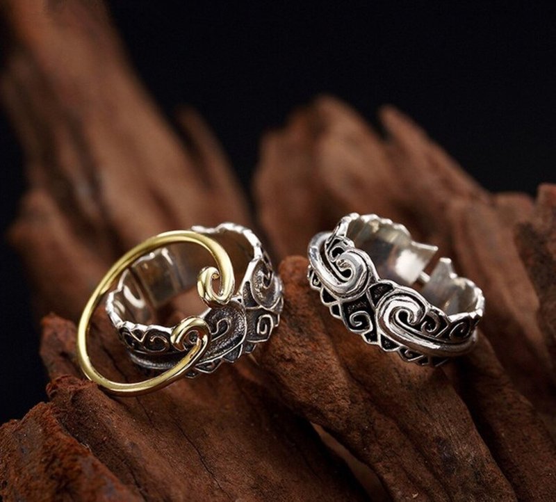 S 925 Sterling Silver Jewelry Handmade Engrave Vintage Open Rings Lovers Ethnic - 戒指 - 银 银色