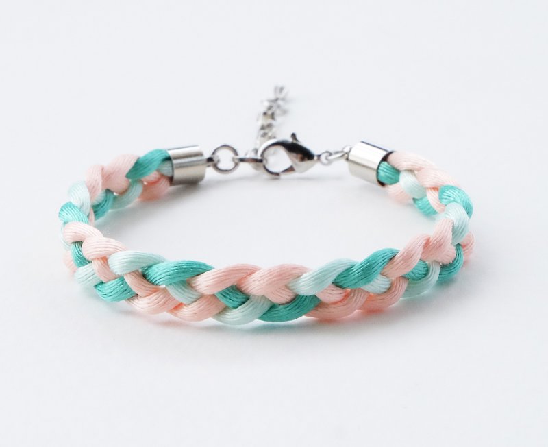 Mint / peach braided mini bracelet - 手链/手环 - 其他材质 多色