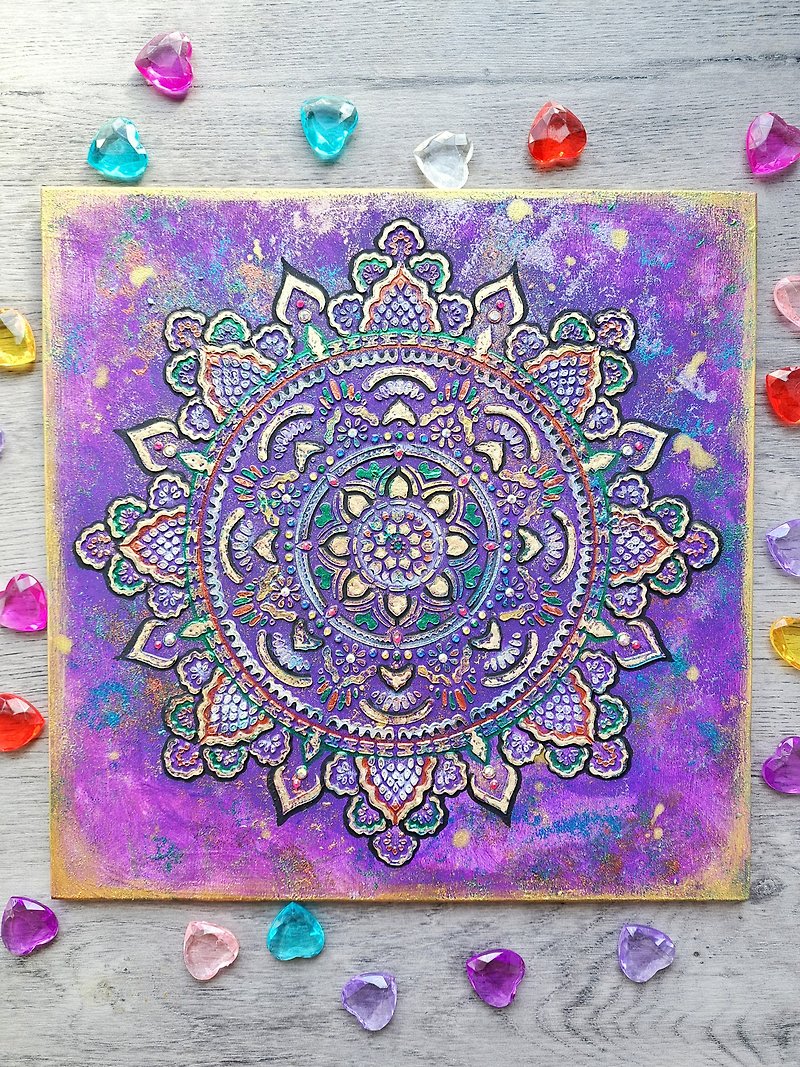 愈合精神创伤的曼陀罗纹理绘画在胶合板神圣的艺术 - 墙贴/壁贴 - 木头 紫色