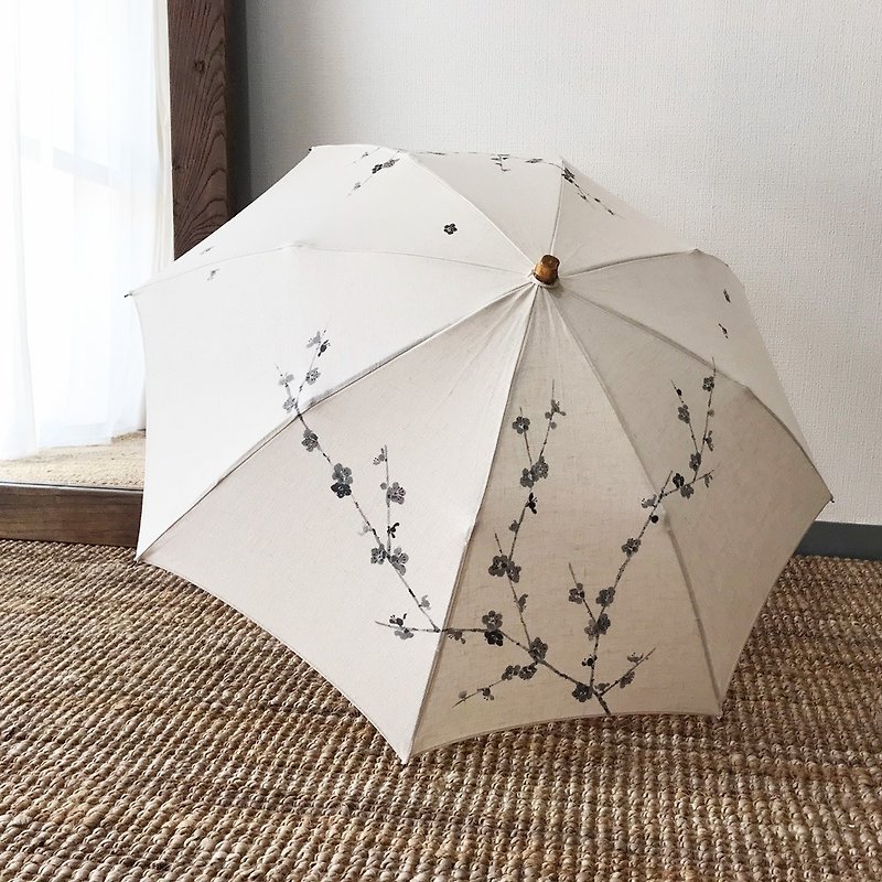 日傘・墨梅・手描き絵付け - 雨伞/雨衣 - 棉．麻 白色